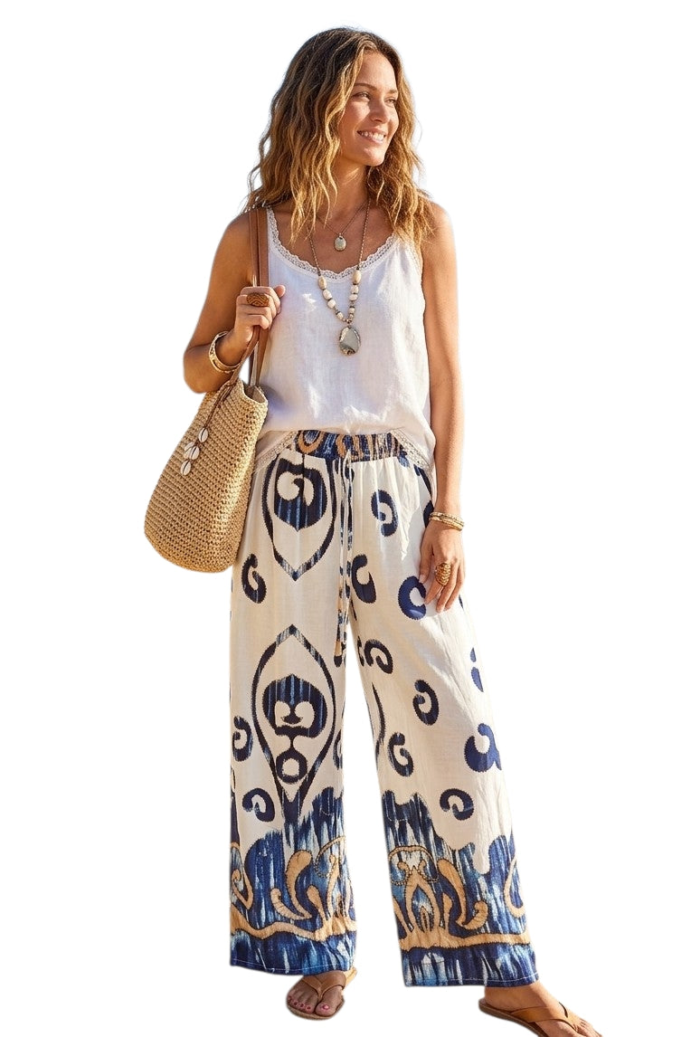 Paisley wideleg summer trousers in green, pink, blue and black