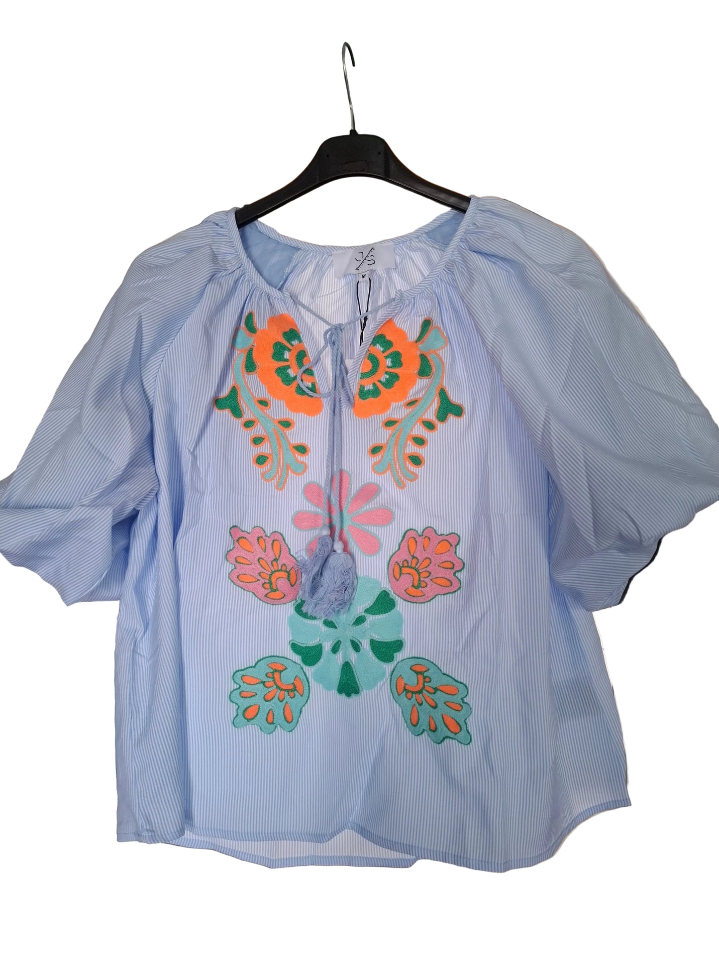 Striped puff sleeve blouse with floral embroidery in blue and yellow
