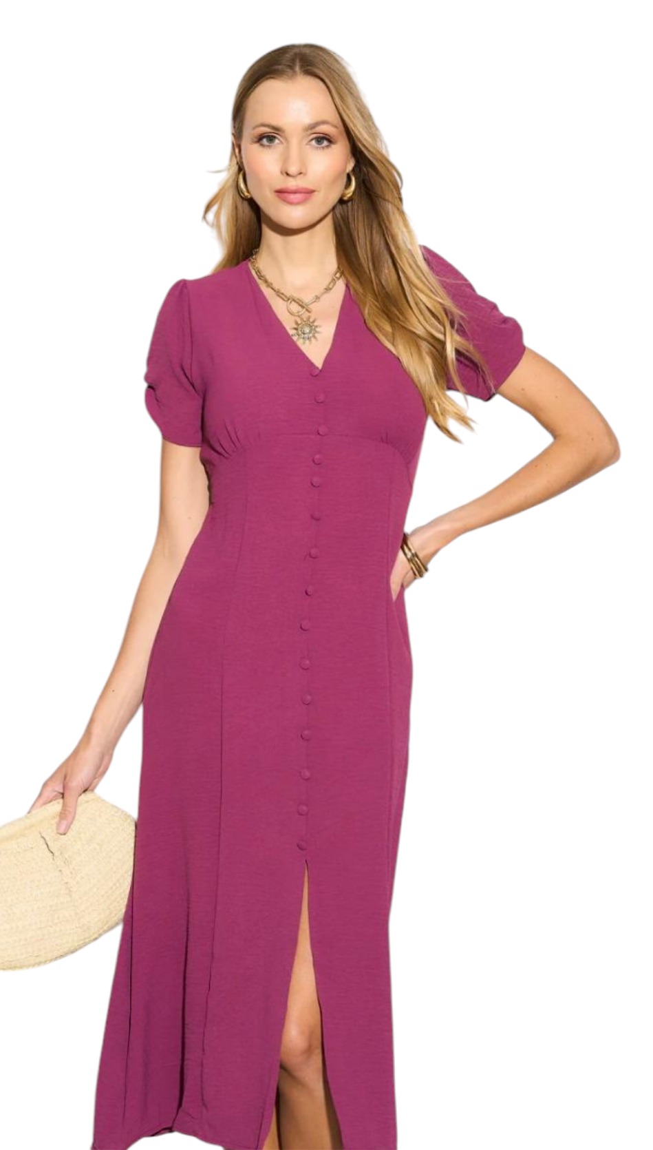 Gabby short sleeve puff sleeve dress in green and plum