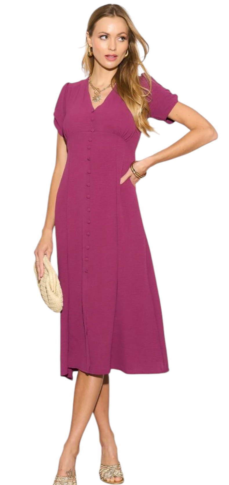 Gabby short sleeve puff sleeve dress in green and plum