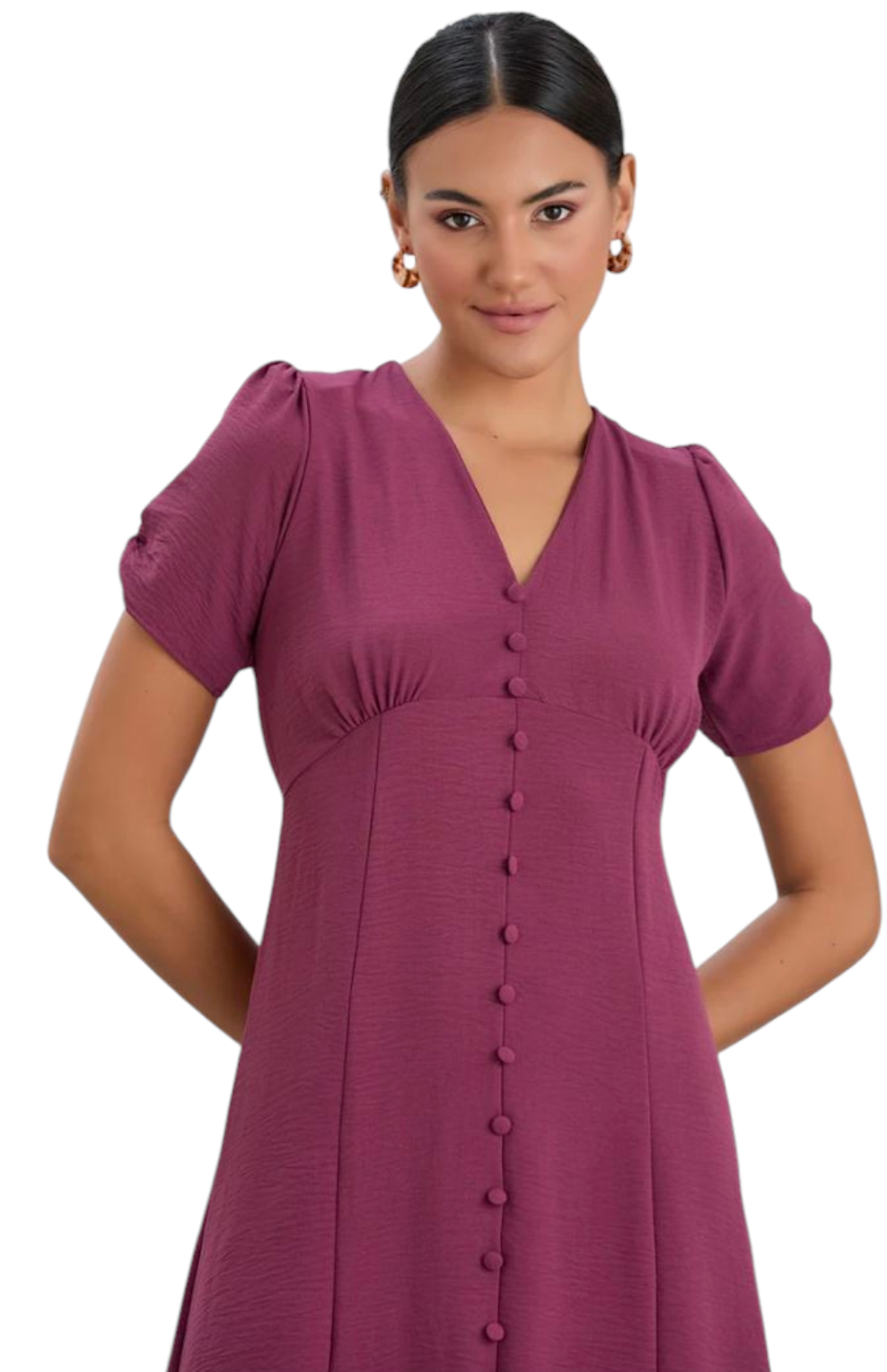 Gabby short sleeve puff sleeve dress in green and plum