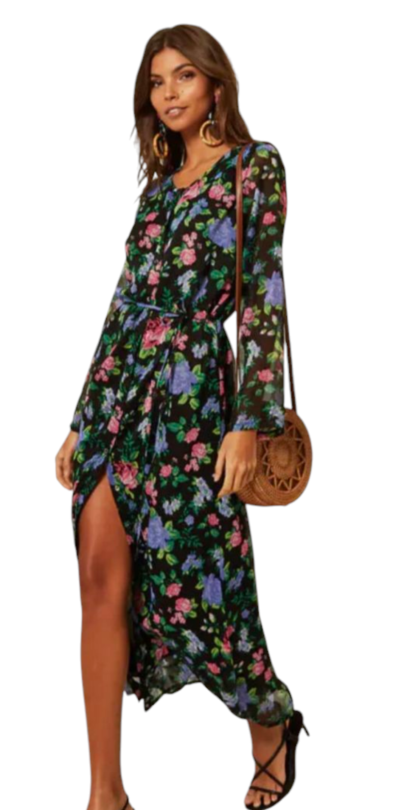 Long floral dress with tie belt