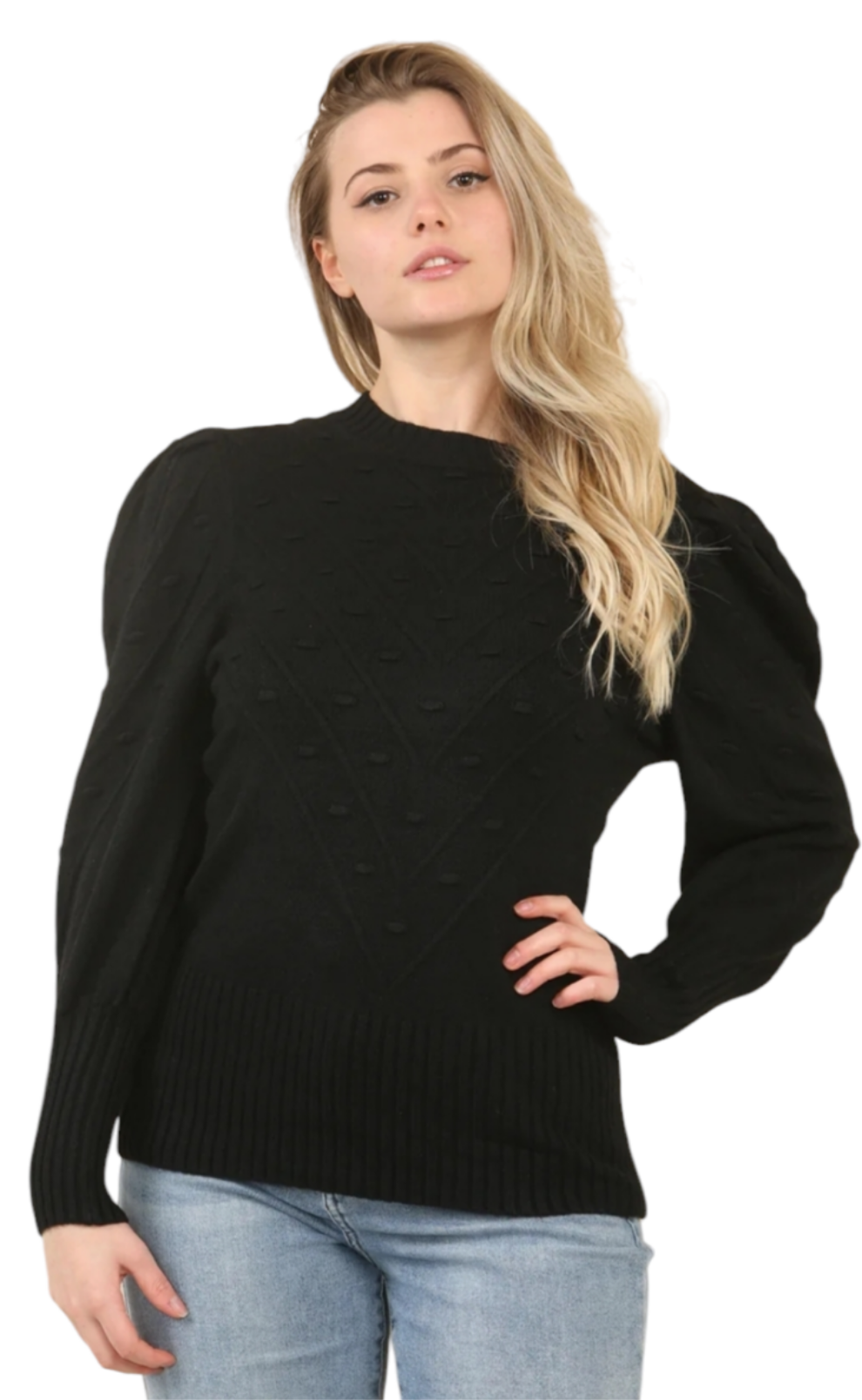 Puff sleeve jumper with pattern in pink, coral, mint and black
