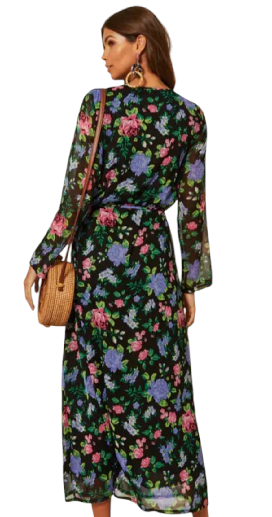 Long floral dress with tie belt