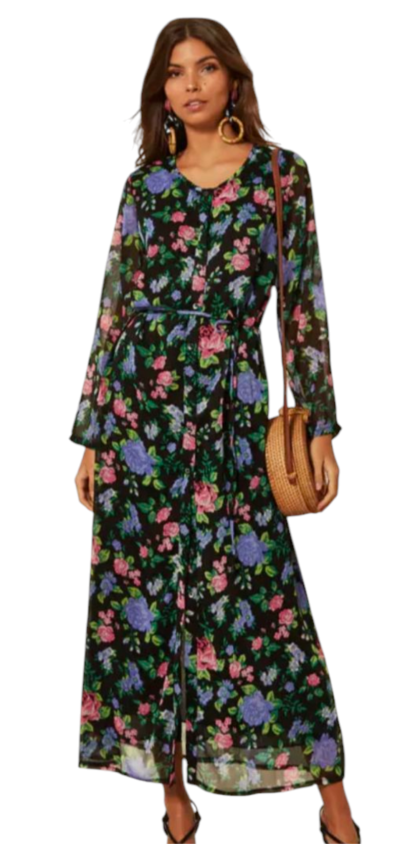 Long floral dress with tie belt