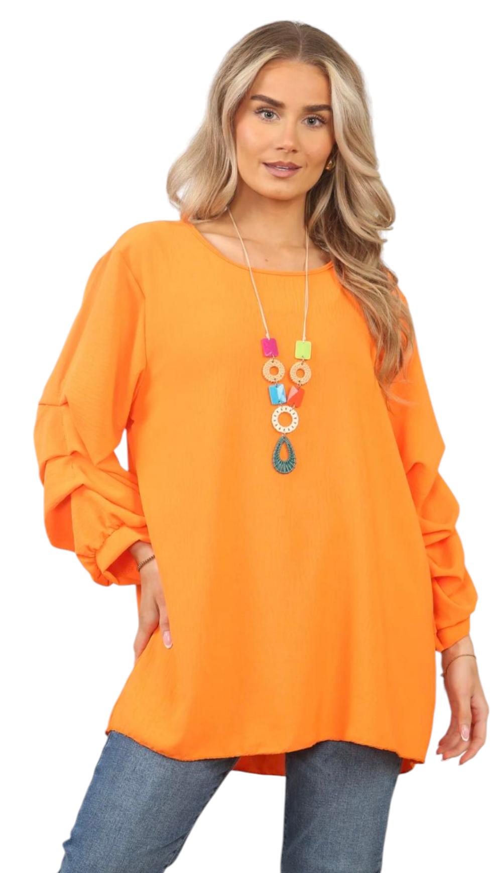Ruched sleeve blouse with necklace