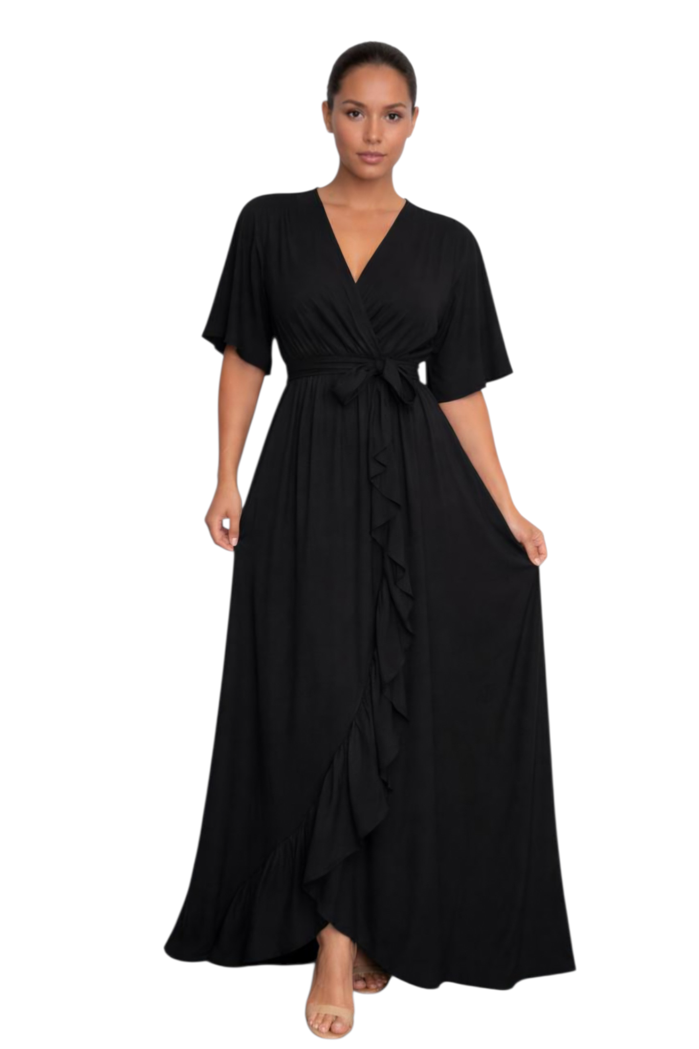 Curve front wrap dress with elasticated waist in blue, black, lime and fuscia pink