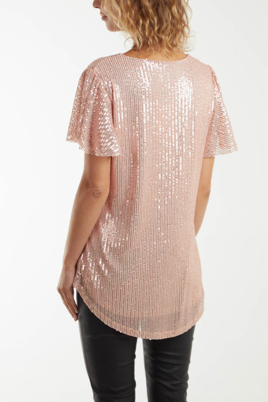 Angel sleeve sequin v-neck top pink