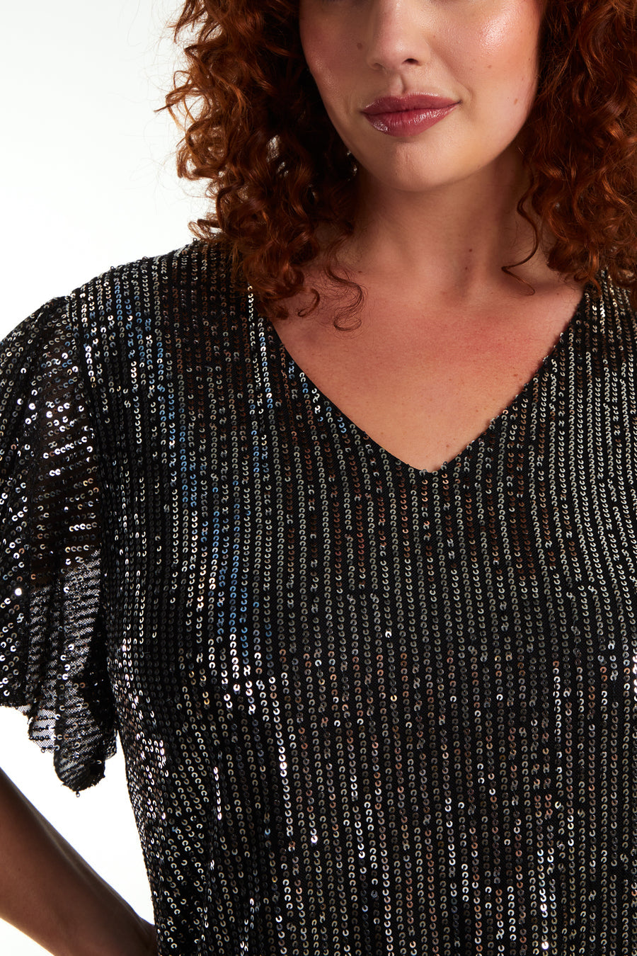 Angel sleeve sequin v-neck top - silver