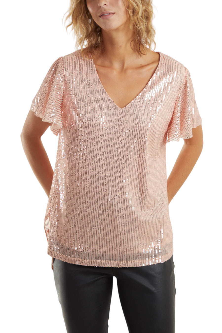 Angel sleeve sequin v-neck top pink