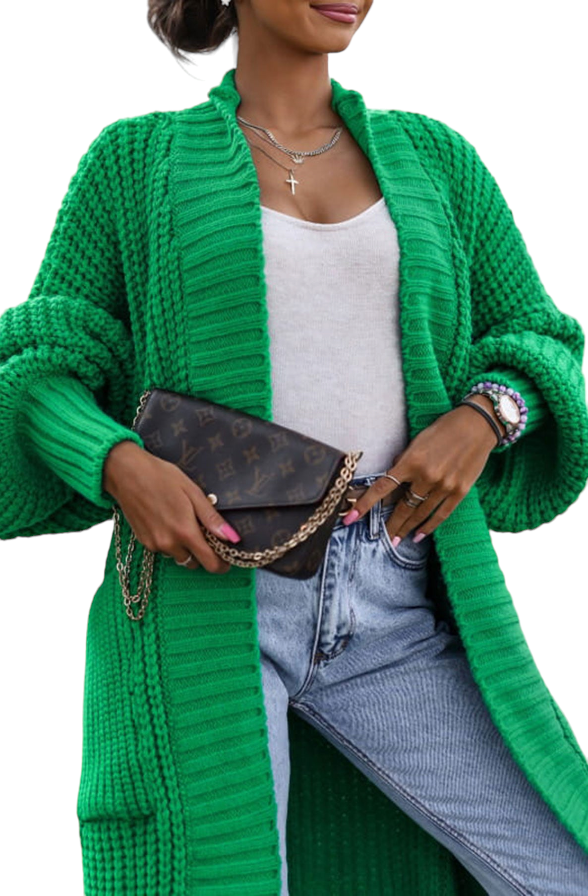 Green chunky knit belted cardi