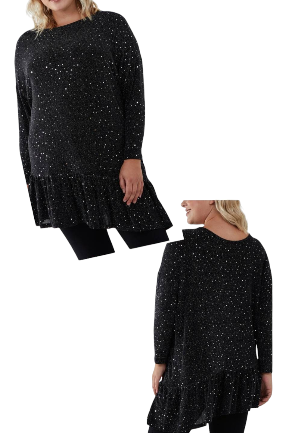Sparkly plus size black peplum hem top