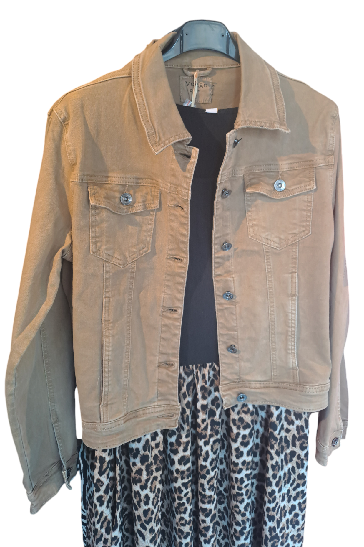 Stretch denim jacket in caramel and khaki