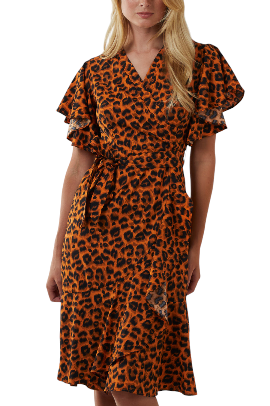Rust orange leopard print tie waist Midi dress