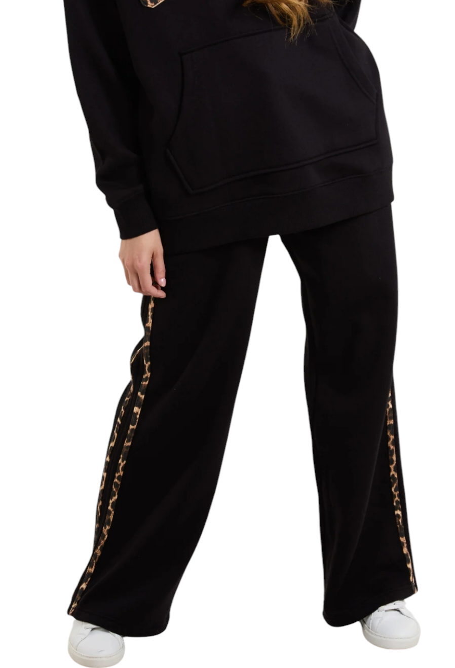 Leopard trim thick jogger in cream and black