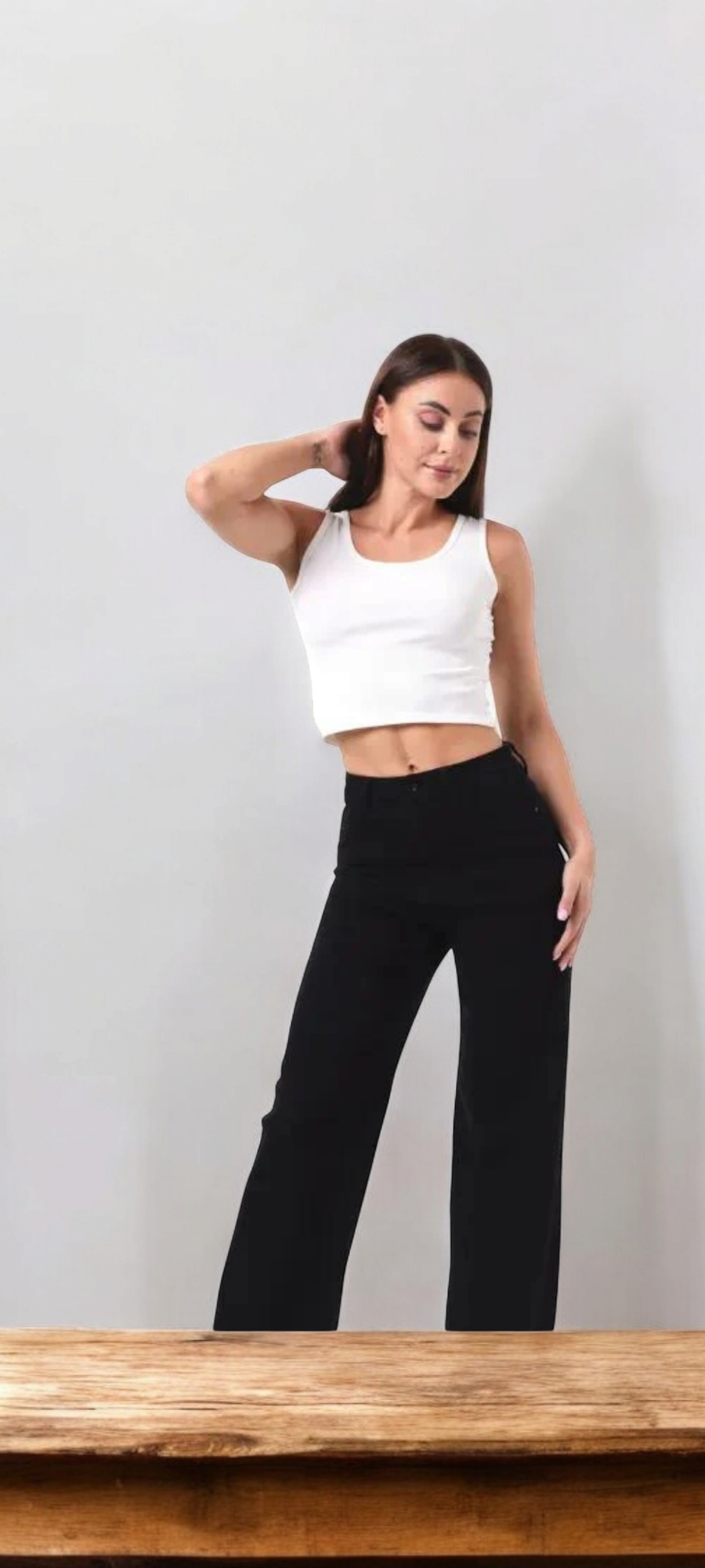 Black denim wideleg stretch jeans
