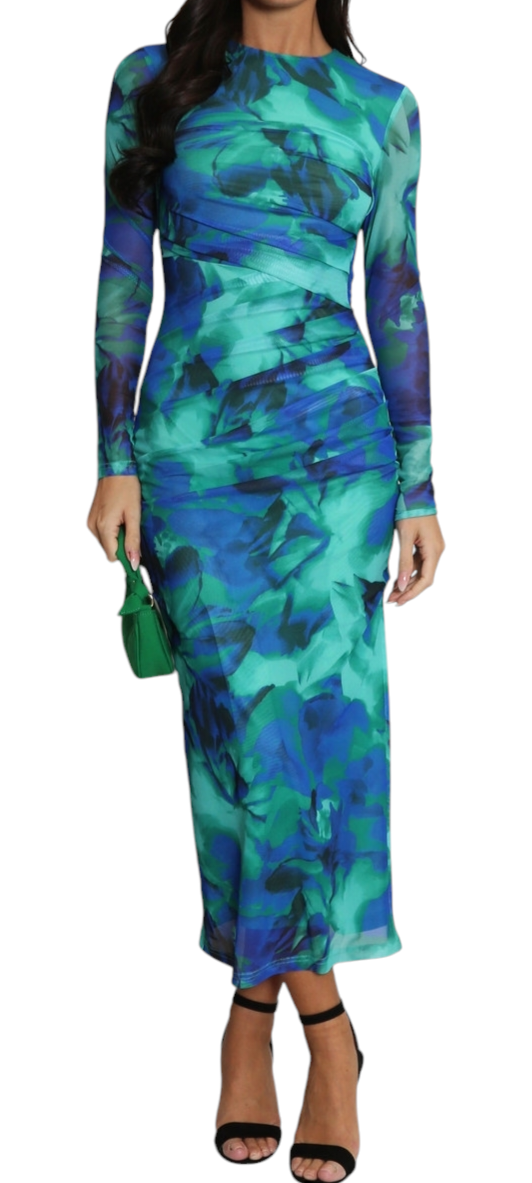 Body con print dress in reds and blues