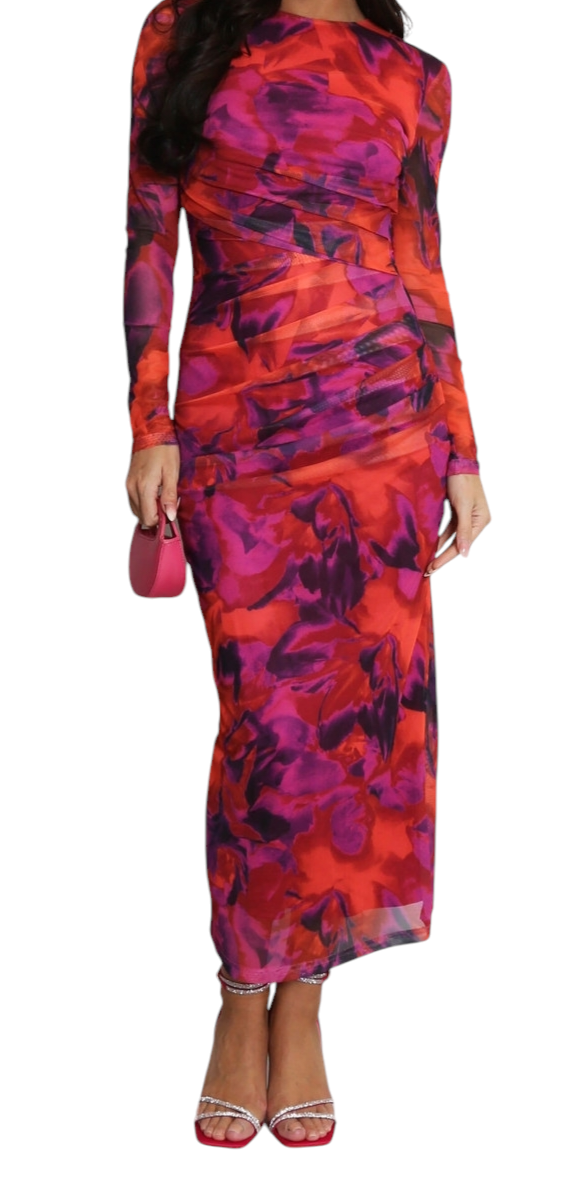 Body con print dress in reds and blues
