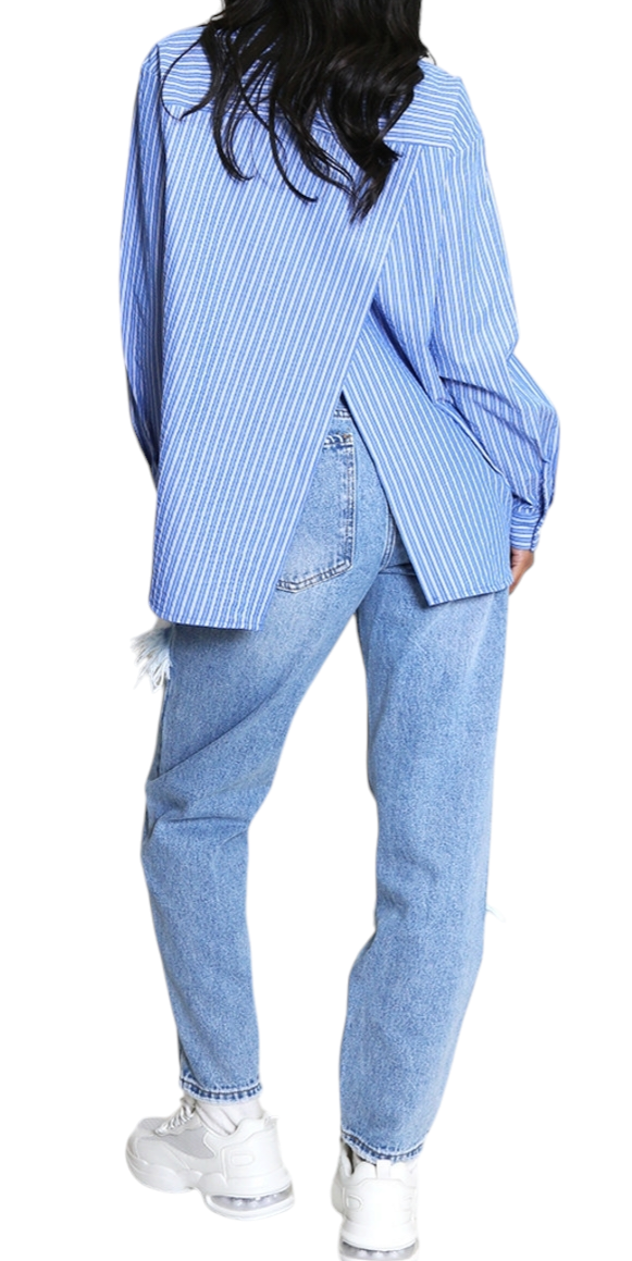 Open back striped blouse in blue and pink