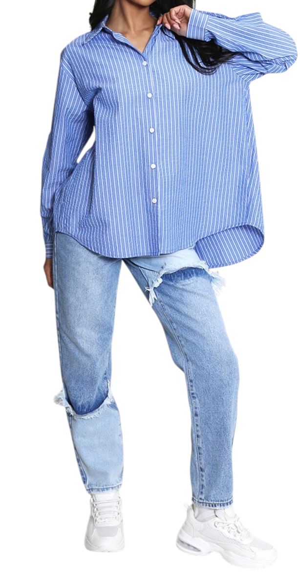 Open back striped blouse in blue and pink
