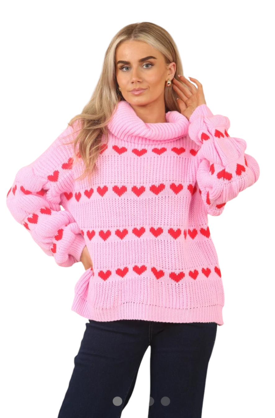 Heart print cowl neck jumper in cream, red and pink