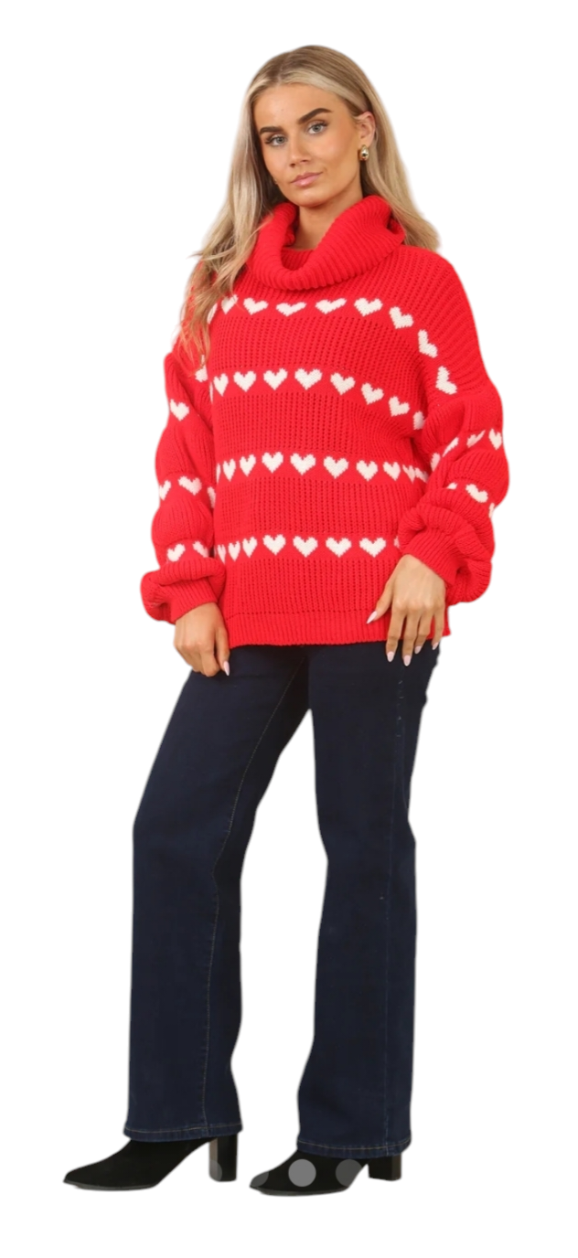 Heart print cowl neck jumper in cream, red and pink