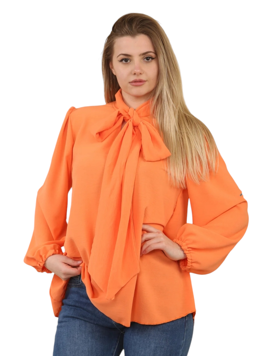 Bow blouse in orange, pink, beige and black