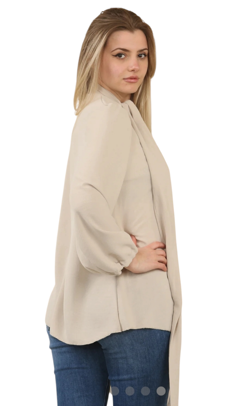 Bow blouse in orange, pink, beige and black