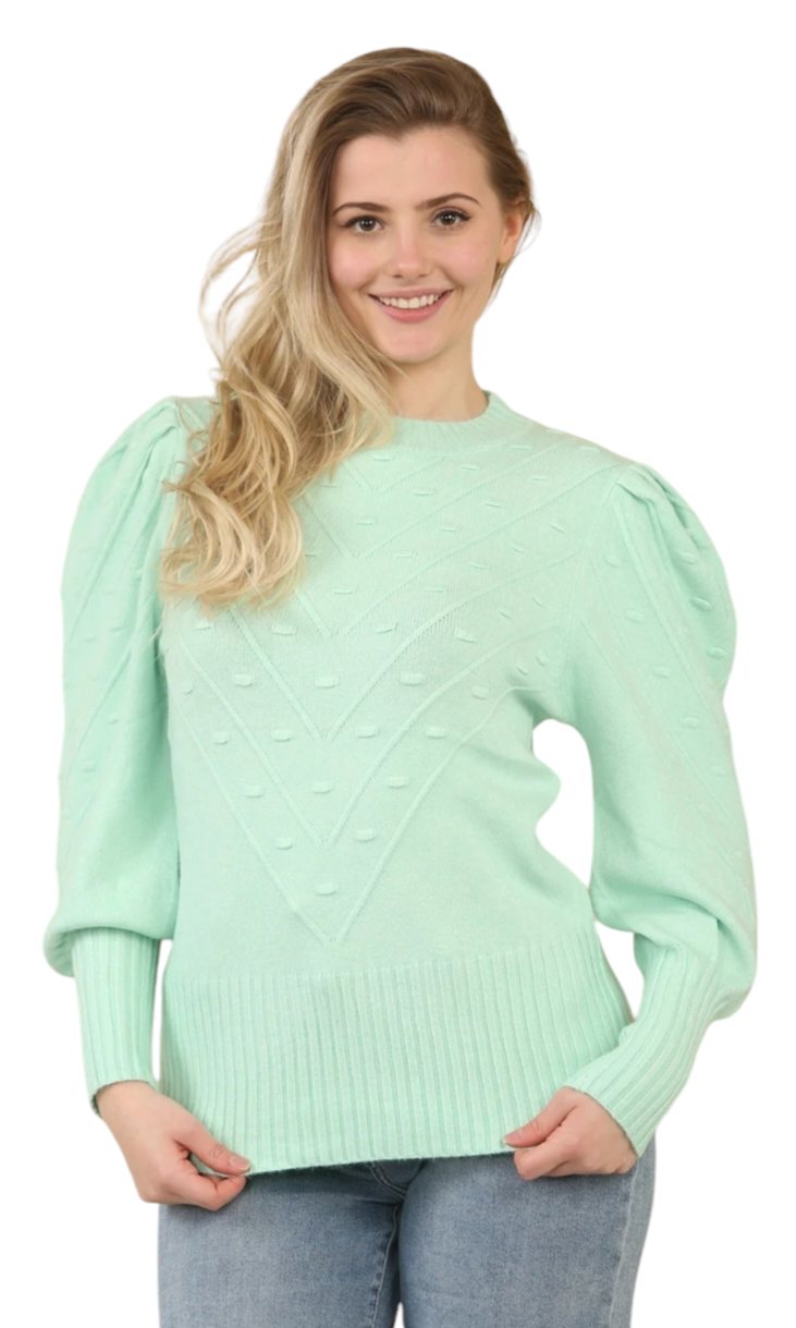 Puff sleeve jumper with pattern in pink, coral, mint and black