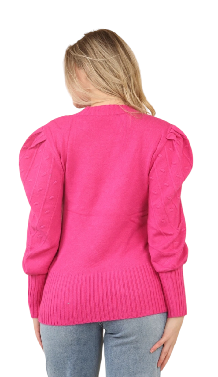 Puff sleeve jumper with pattern in pink, coral, mint and black