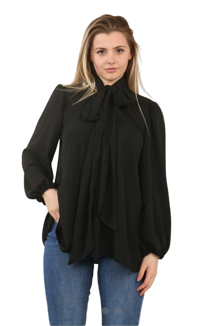 Bow blouse in orange, pink, beige and black