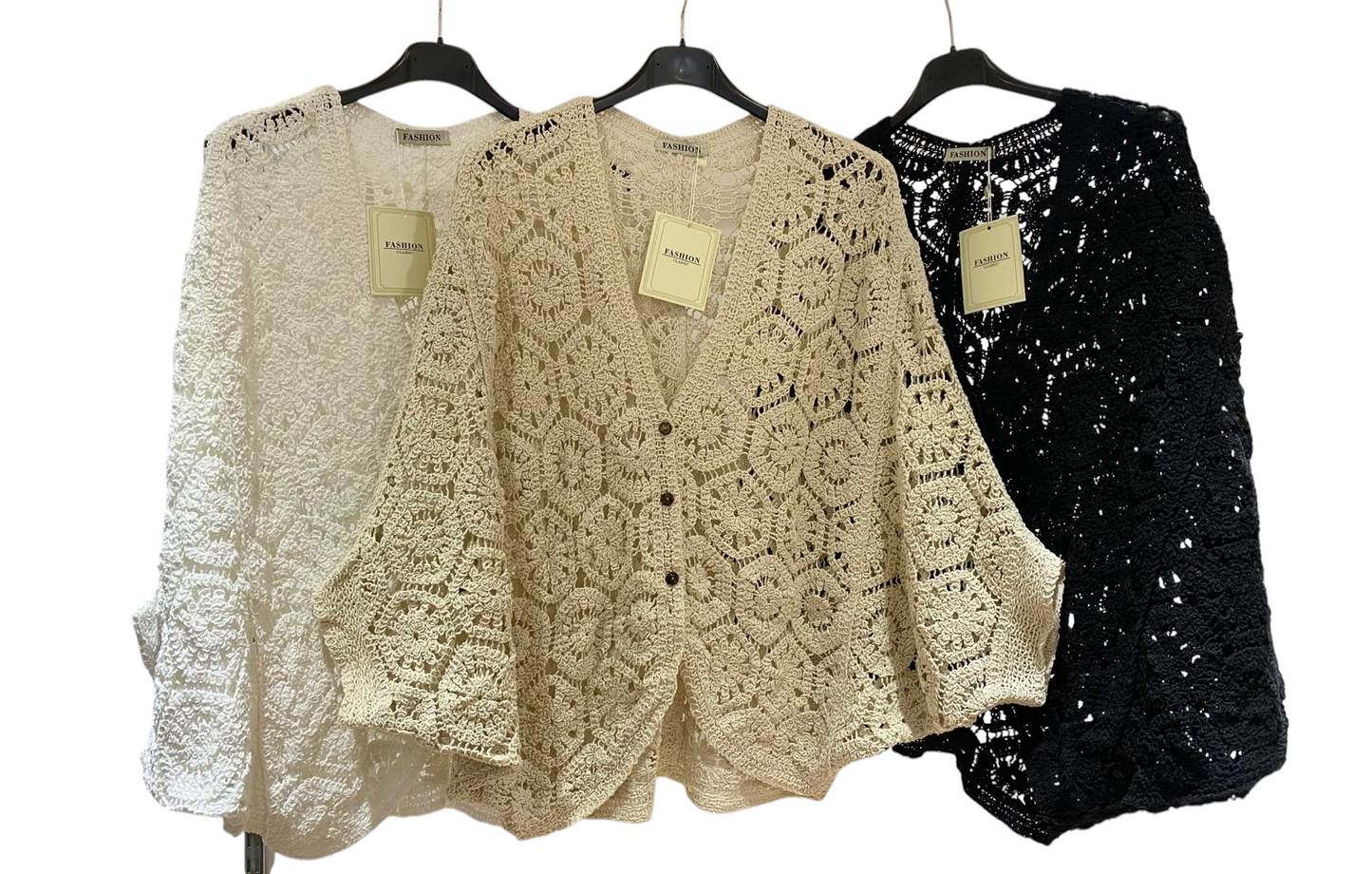 Crochet cardi with batwing sleeve in cream, beige and black