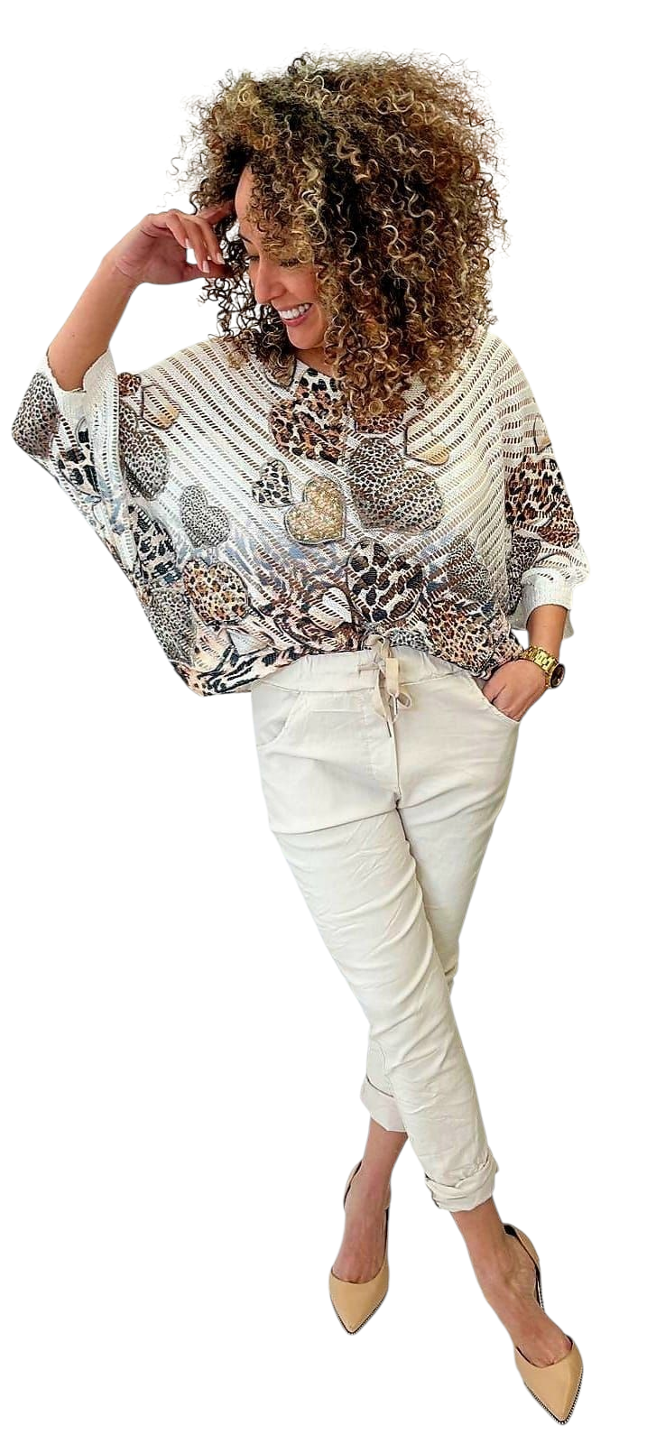 White crochet effect top with leopard heart print in four colours