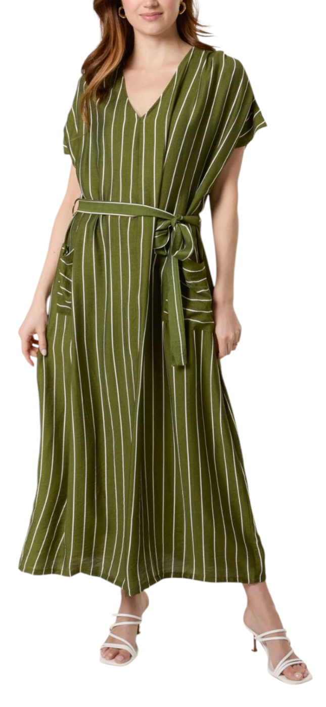 Pinstripe maxi tunic dress in navy and green