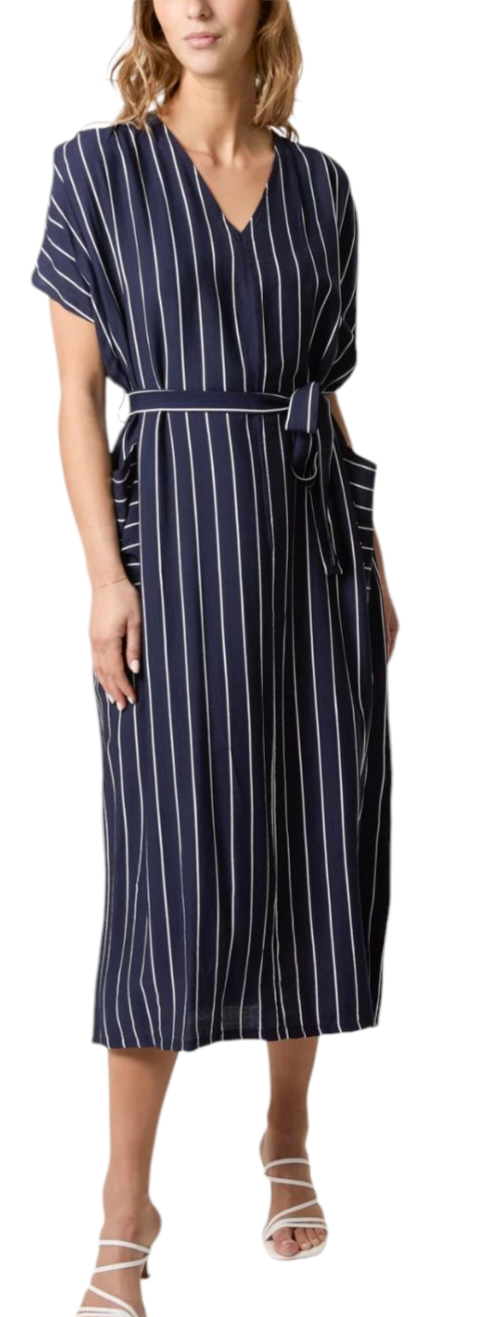 Pinstripe maxi tunic dress in navy and green