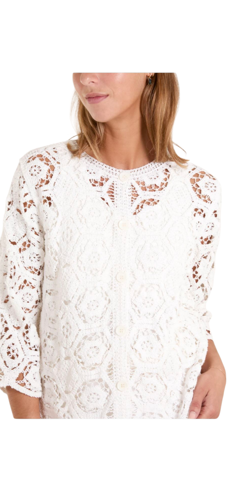 Crochet crew neck cardi in off white