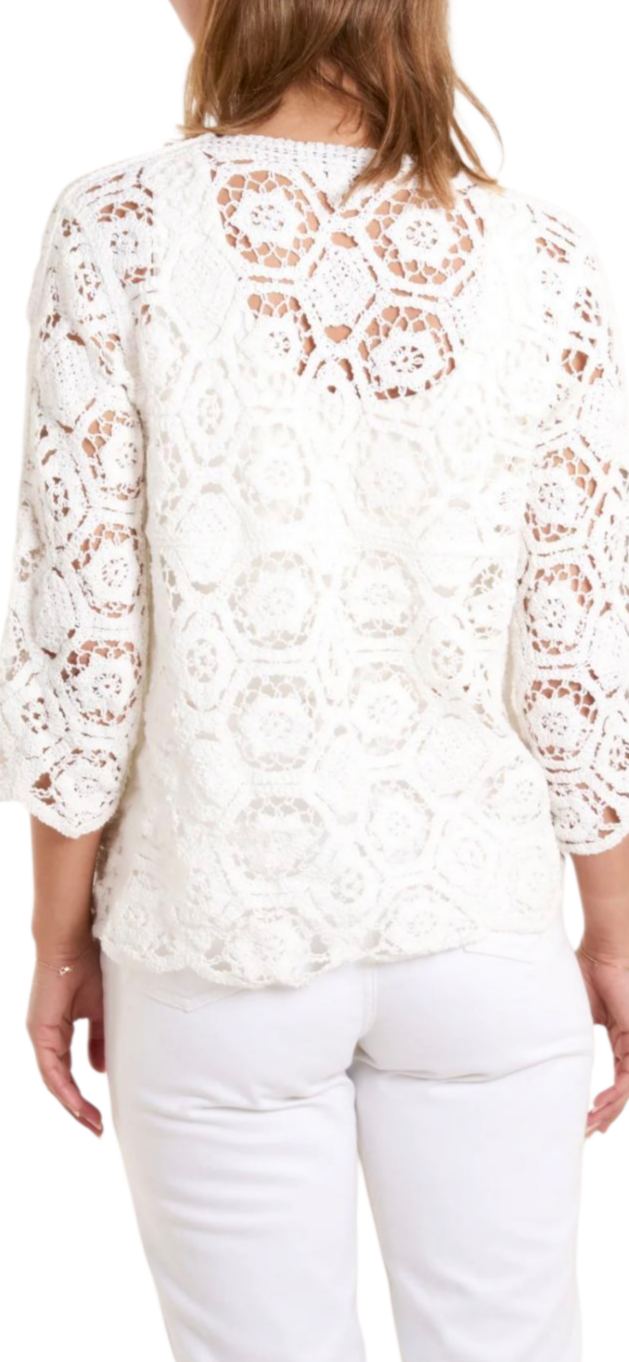 Crochet crew neck cardi in off white