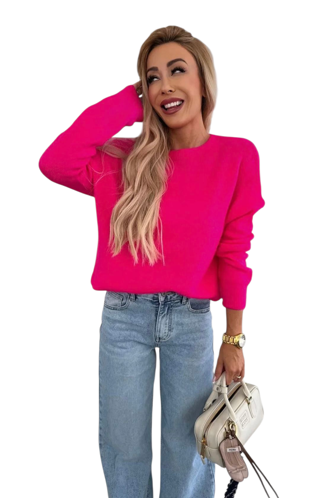 Light knitted alpaca jumper in yellow, baby pink and fuscia