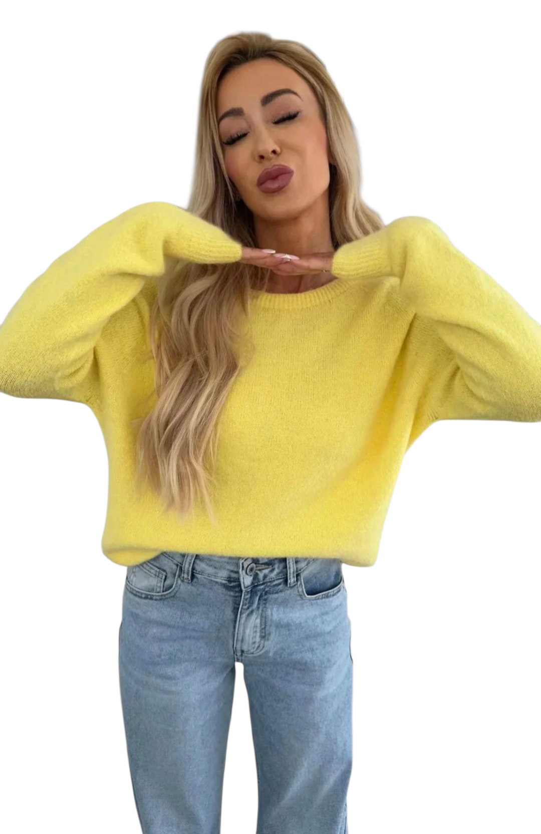 Light knitted alpaca jumper in yellow, baby pink and fuscia
