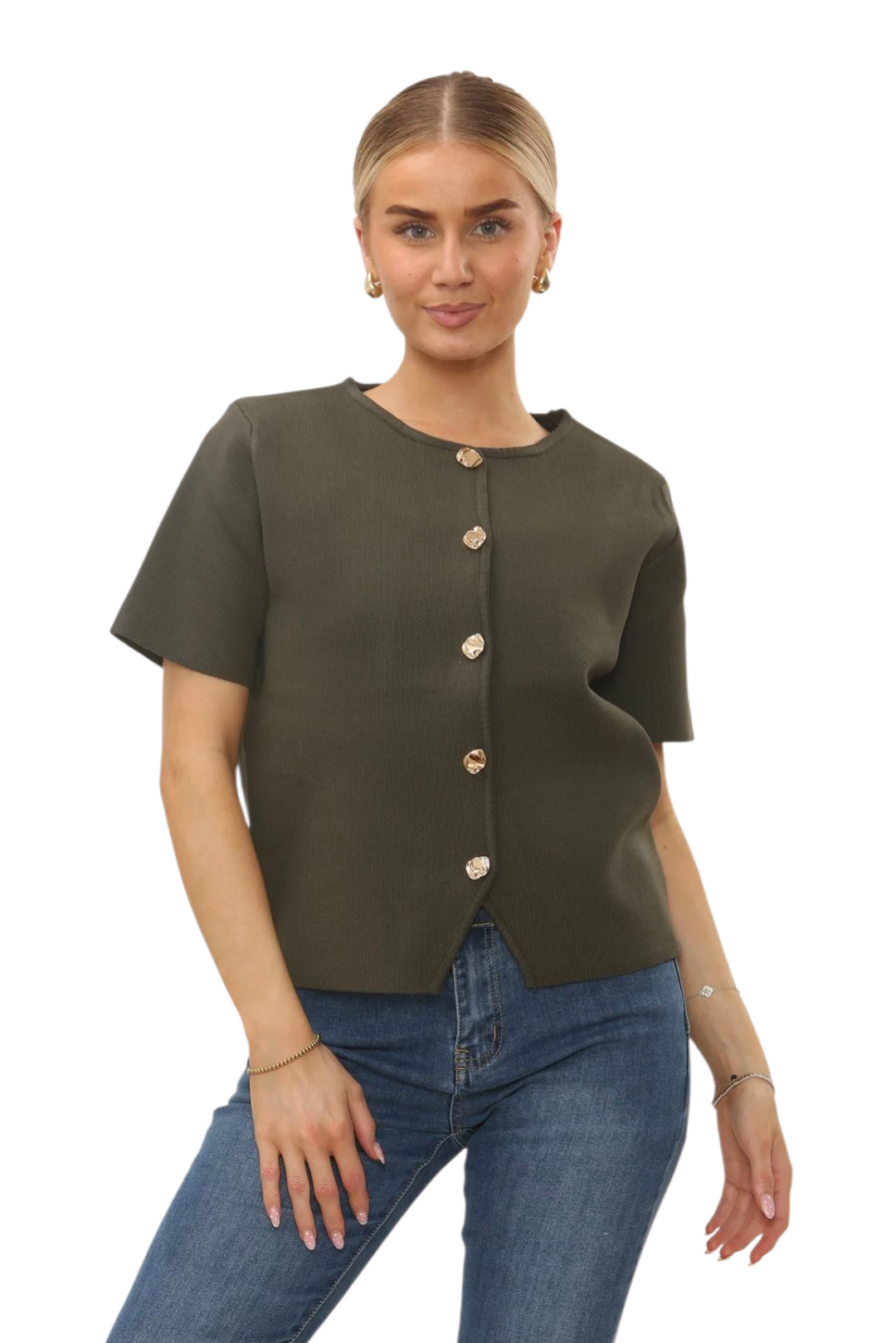 Cap sleeve top with gold buttons in khaki