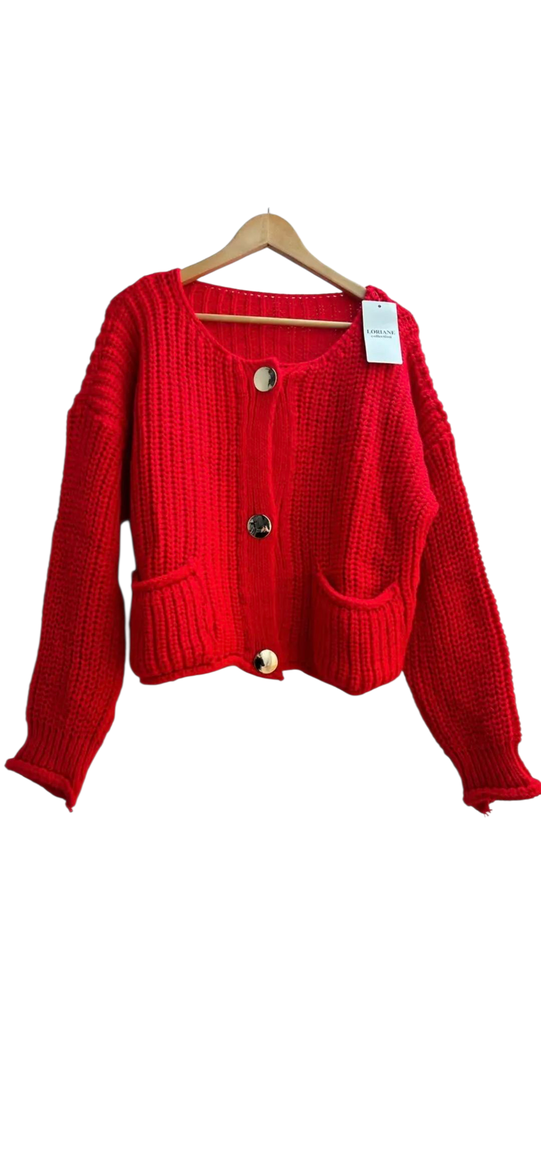 Chunky boxy knitted cardi with gold buttons in green, grey and red