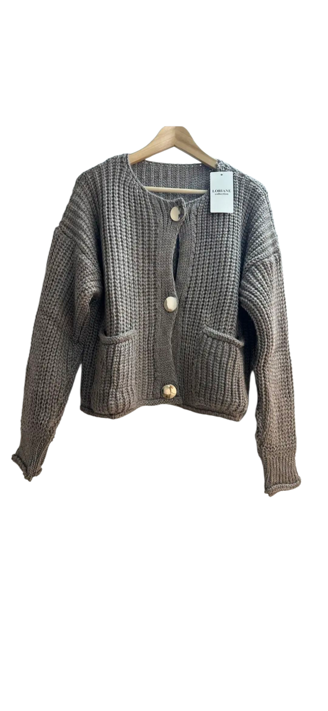 Chunky boxy knitted cardi with gold buttons in green, grey and red