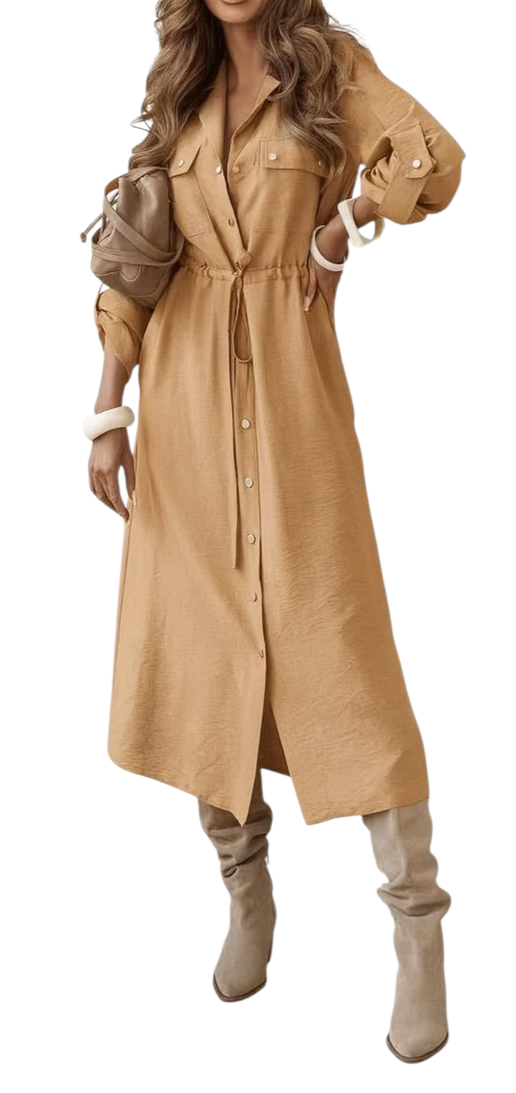 Long shirt dress with elasticated waist tie in wine, camel and black