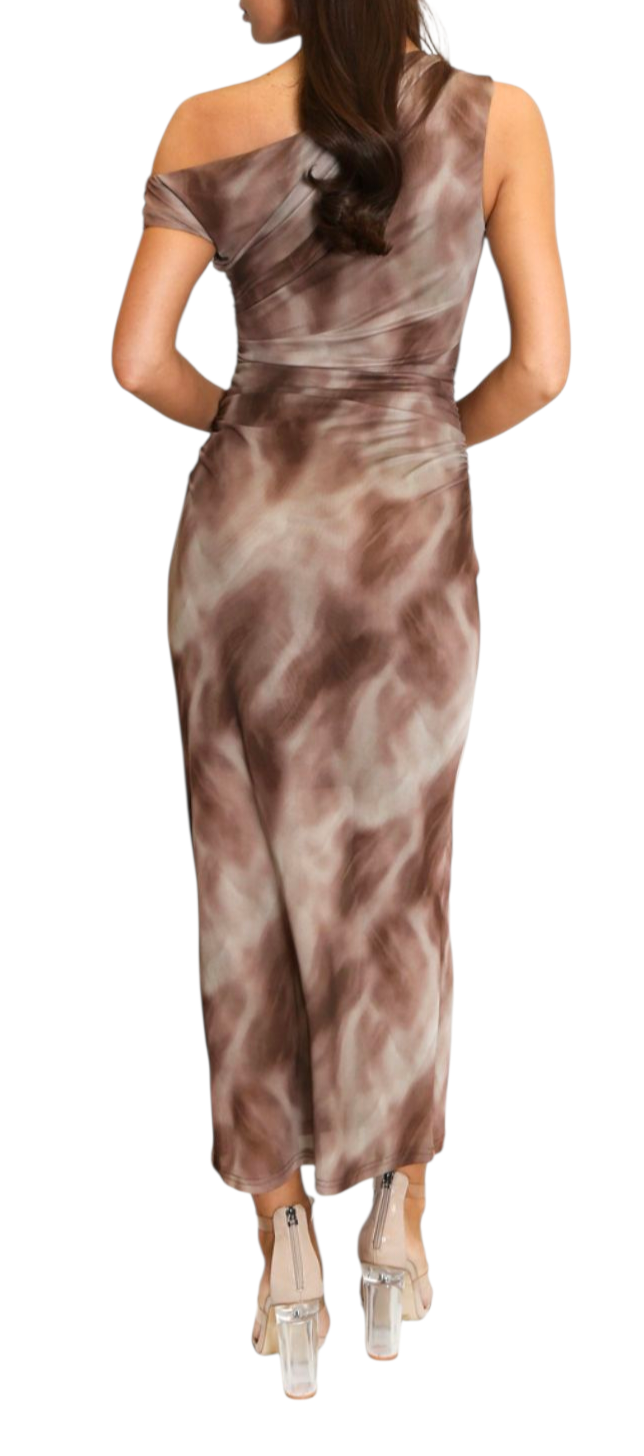 Marble body con dress in wine and brown