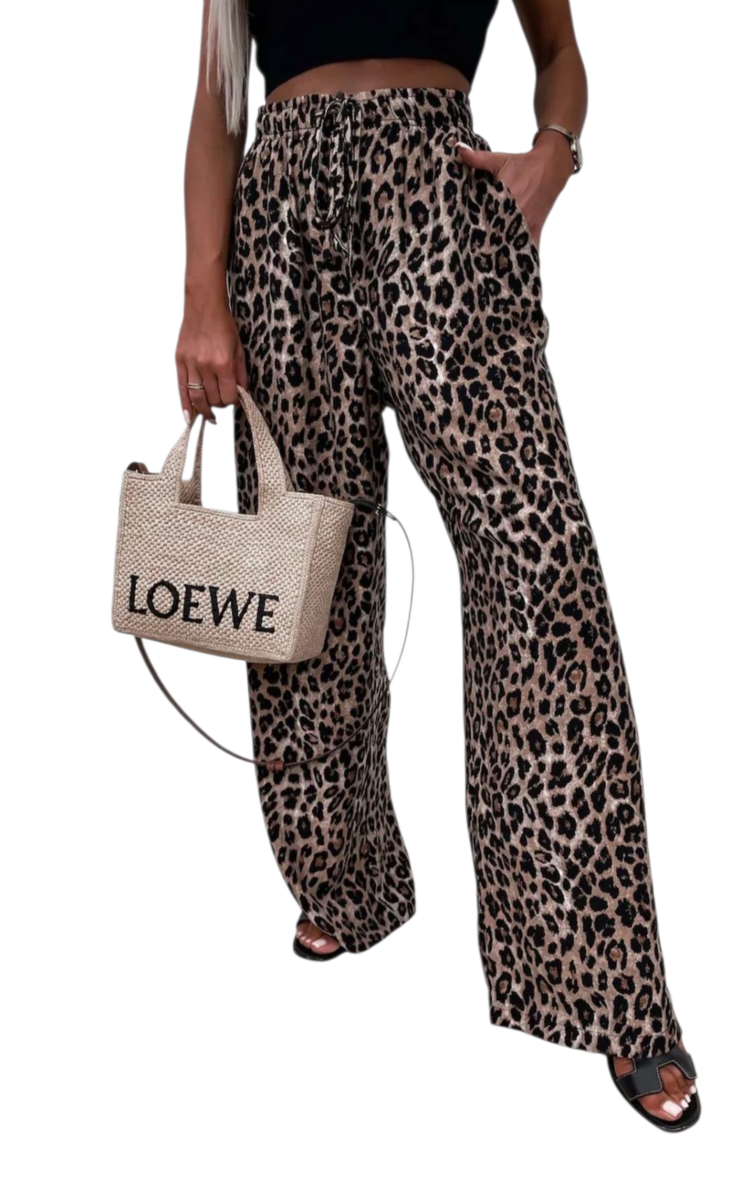 Leopard drawstring wideleg trousers