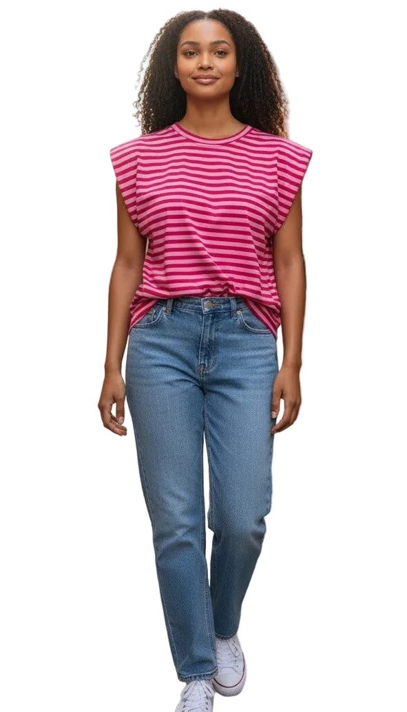 Cap sleeve padded shoulder striped t-shirt in three colours