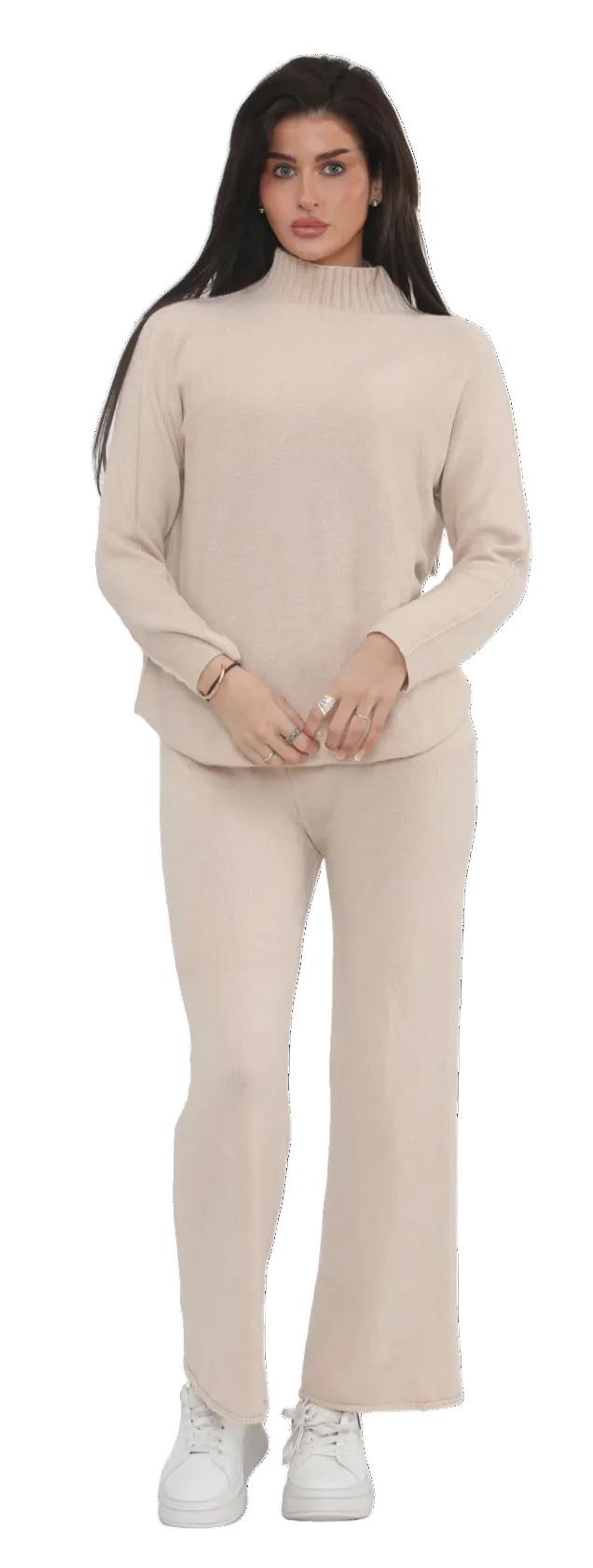 Knitted high neck co-ord set in wine, mink, cream and black