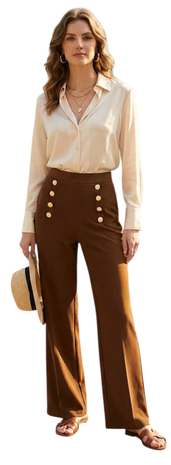 Gold button high waist pull on wideleg trousers in black and brown