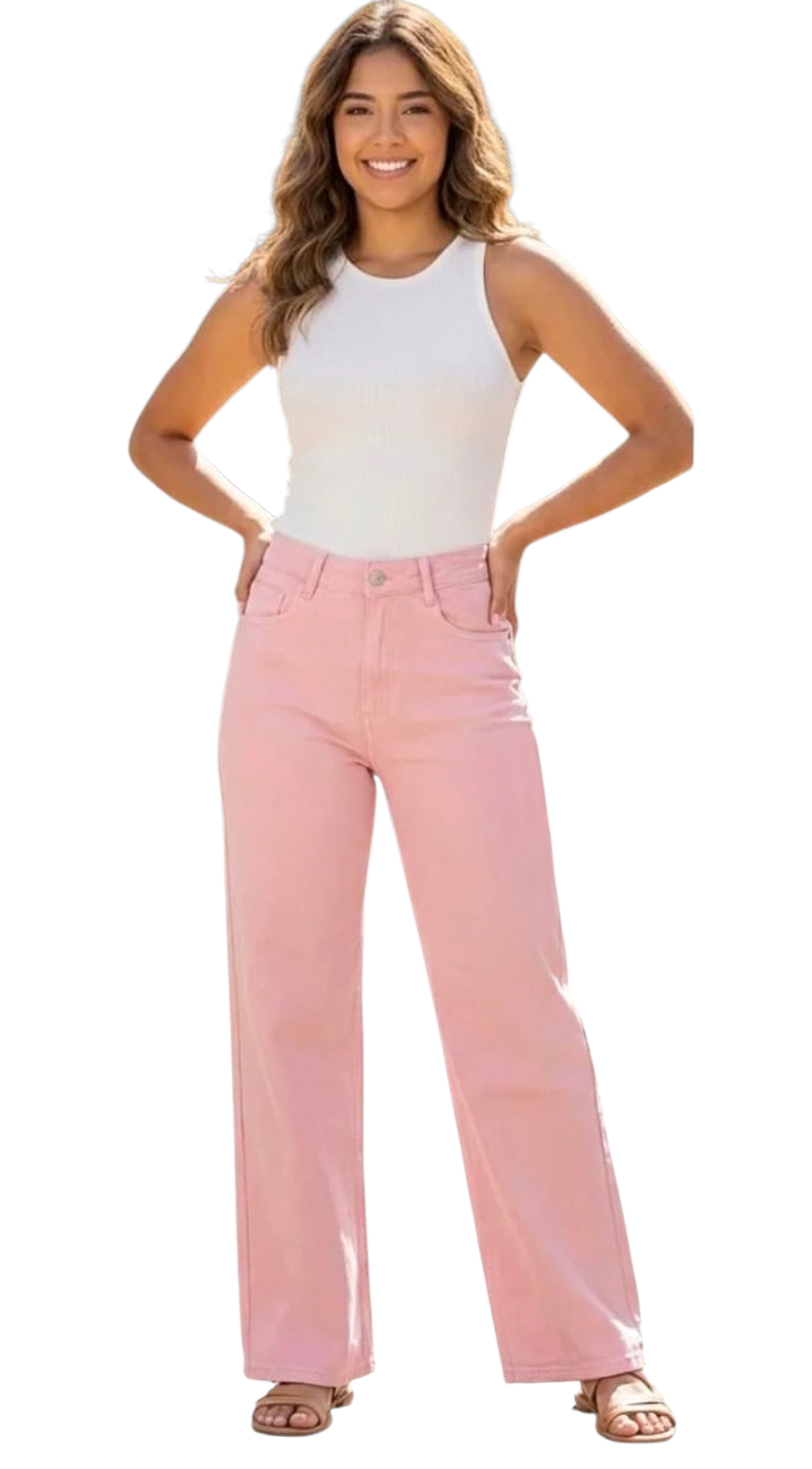 Pink stretch wideleg jeans