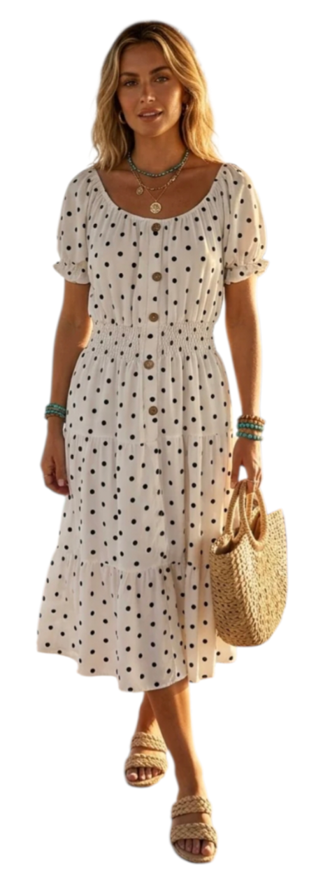 Short sleeve button through tiered spot dress in five colours